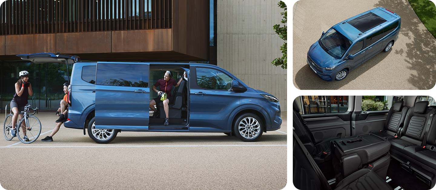 Ford Tourneo Custom in Blau. Seitenansicht und Ansicht von Oben. Ansicht auf hintere Sitzreihe.
