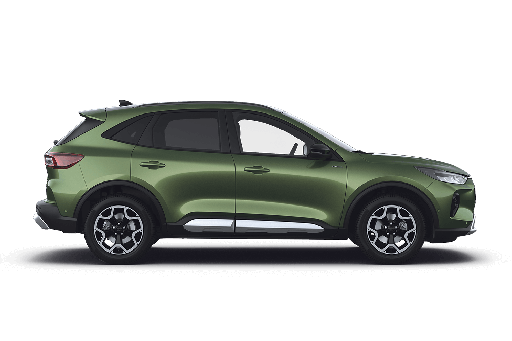 Ford Kuga in Grün. Seitenansicht, steht vor einem weißen Hintergrund.