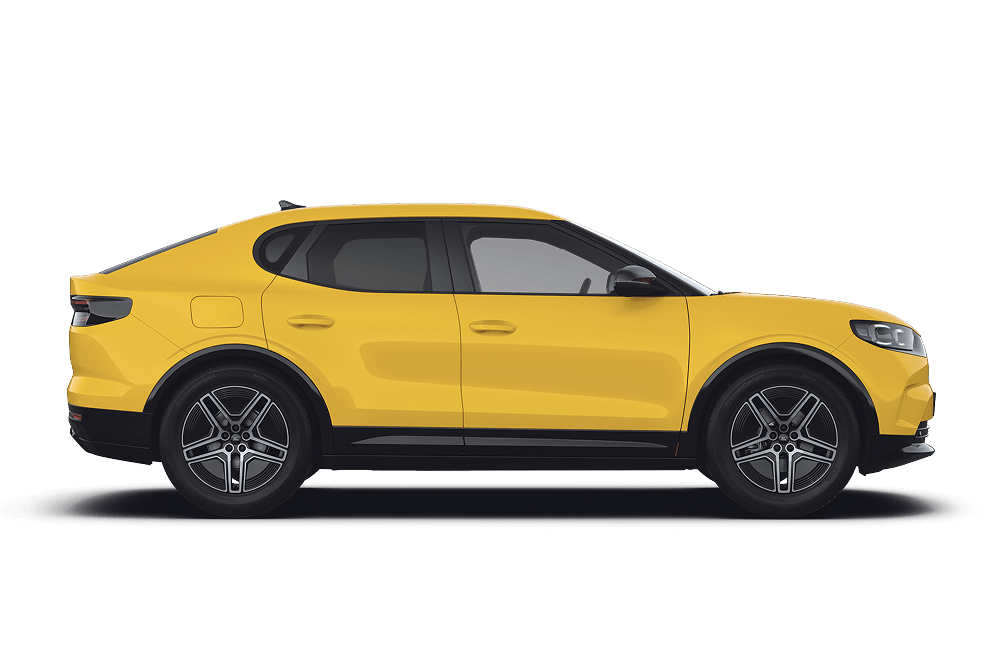 Ford Capri in Gelb. Seitenansicht, steht vor einem weißen Hintergrund.