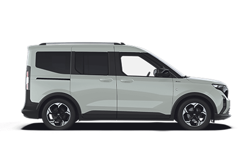 Ford E-Tourneo Courier in Grau. Seitenansicht, steht vor einem weißen Hintergrund.