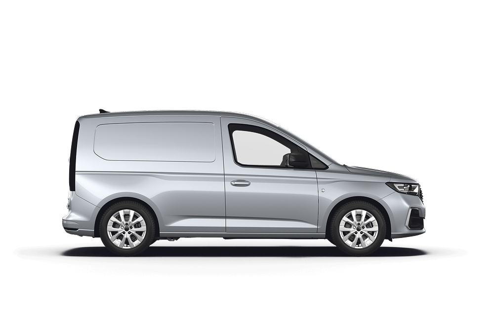 Ford Transit Connect in Silber. Seitenansicht, vor einem weißen Hintergrund.