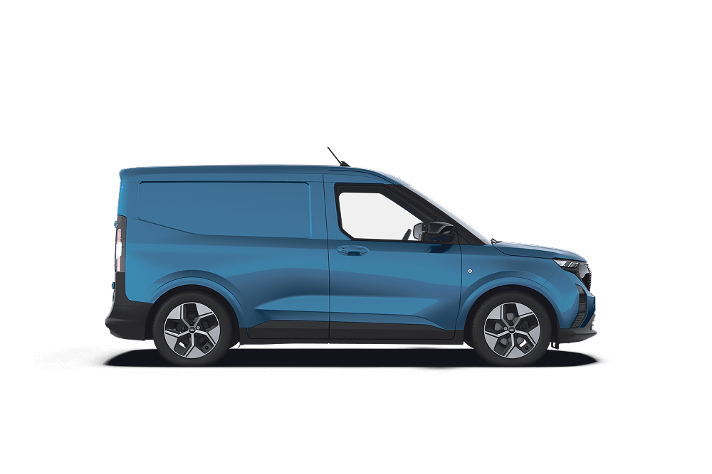 Ford E-Transit Courier in Blau. Seitenansicht, vor einem weißen Hintergrund.