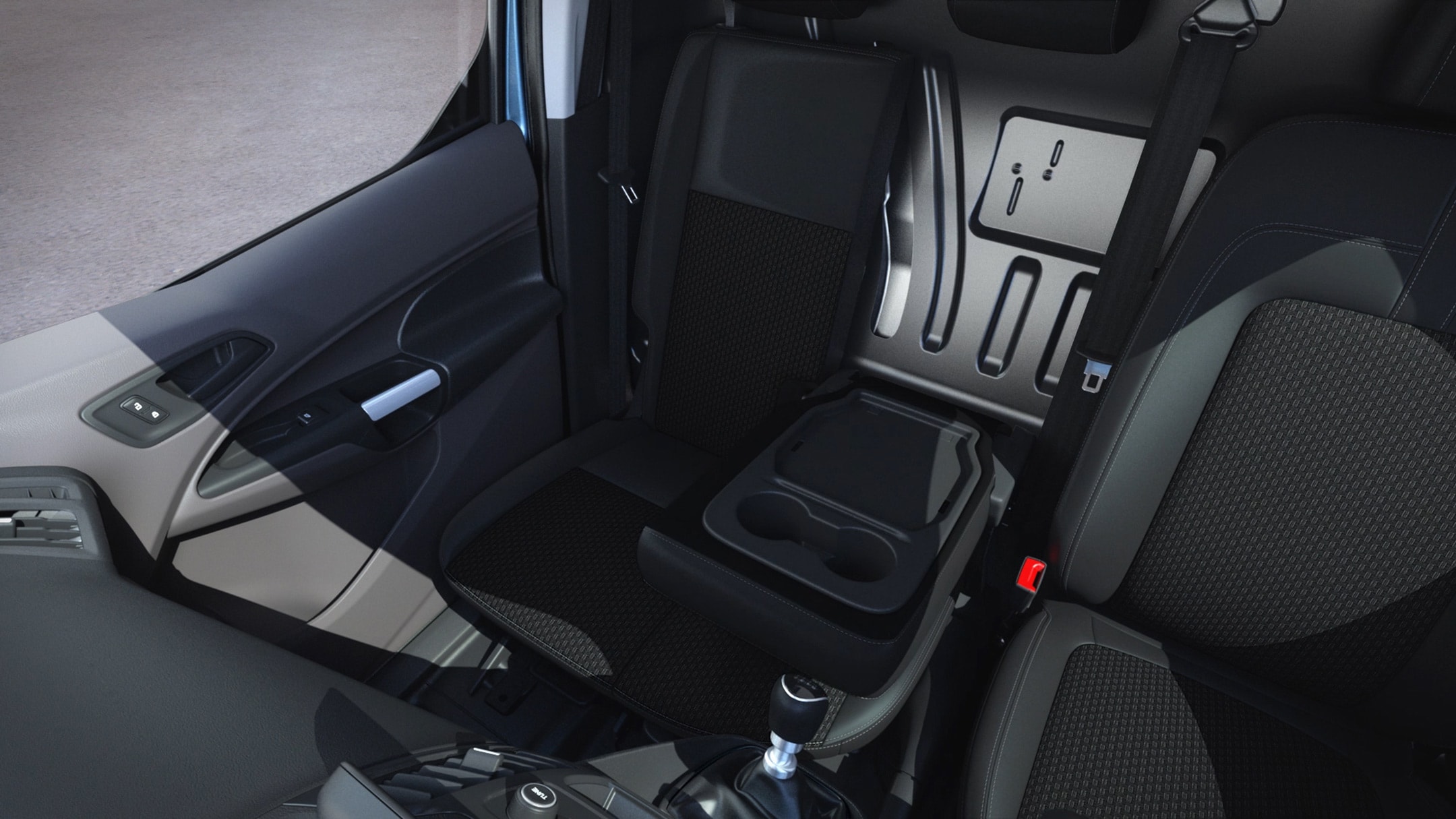 Ford Transit Connect Innenraum. Beifahrer-Doppelsitz im Detail