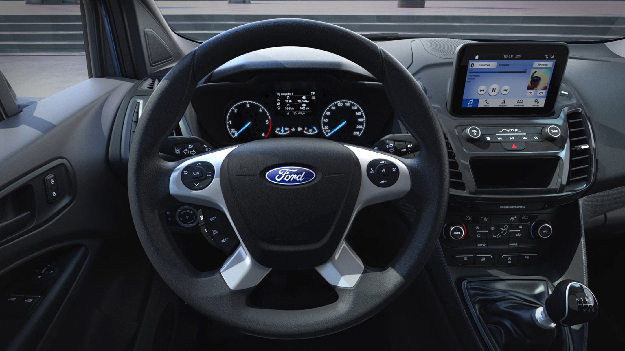 Ford Transit Connect Innenraum. Detailansicht des Lenkrads