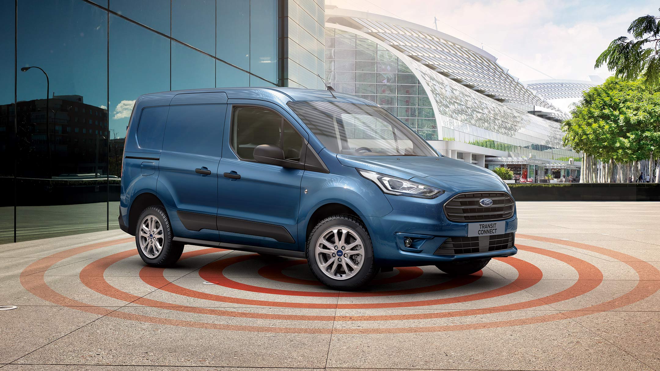 Ford Transit Connect in Blau. Seitenansicht, Illustration Diebstahl-Alarmanlage