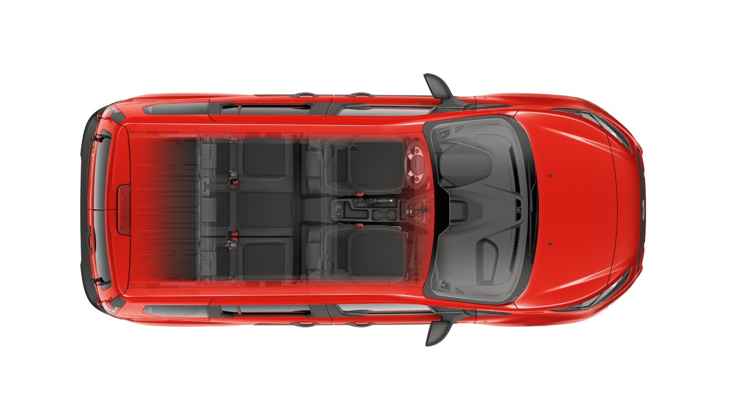 Ford Transit Connect in Rot Innenraumansicht. Illustration aus der Vogelperspektive