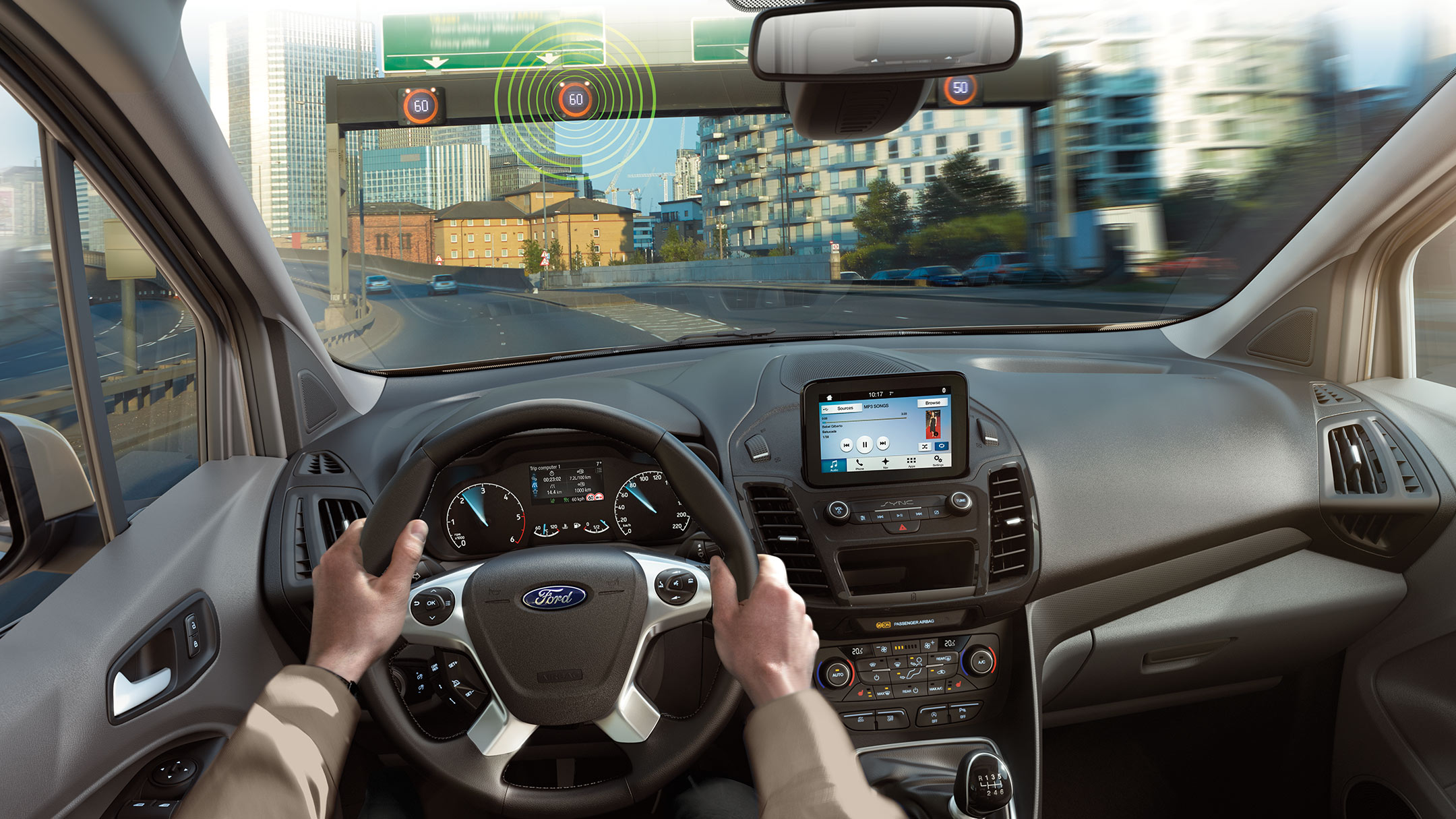 Ford Transit Connect Innenraum. Visualisierung Verkehrsschild-Erkennungssystem