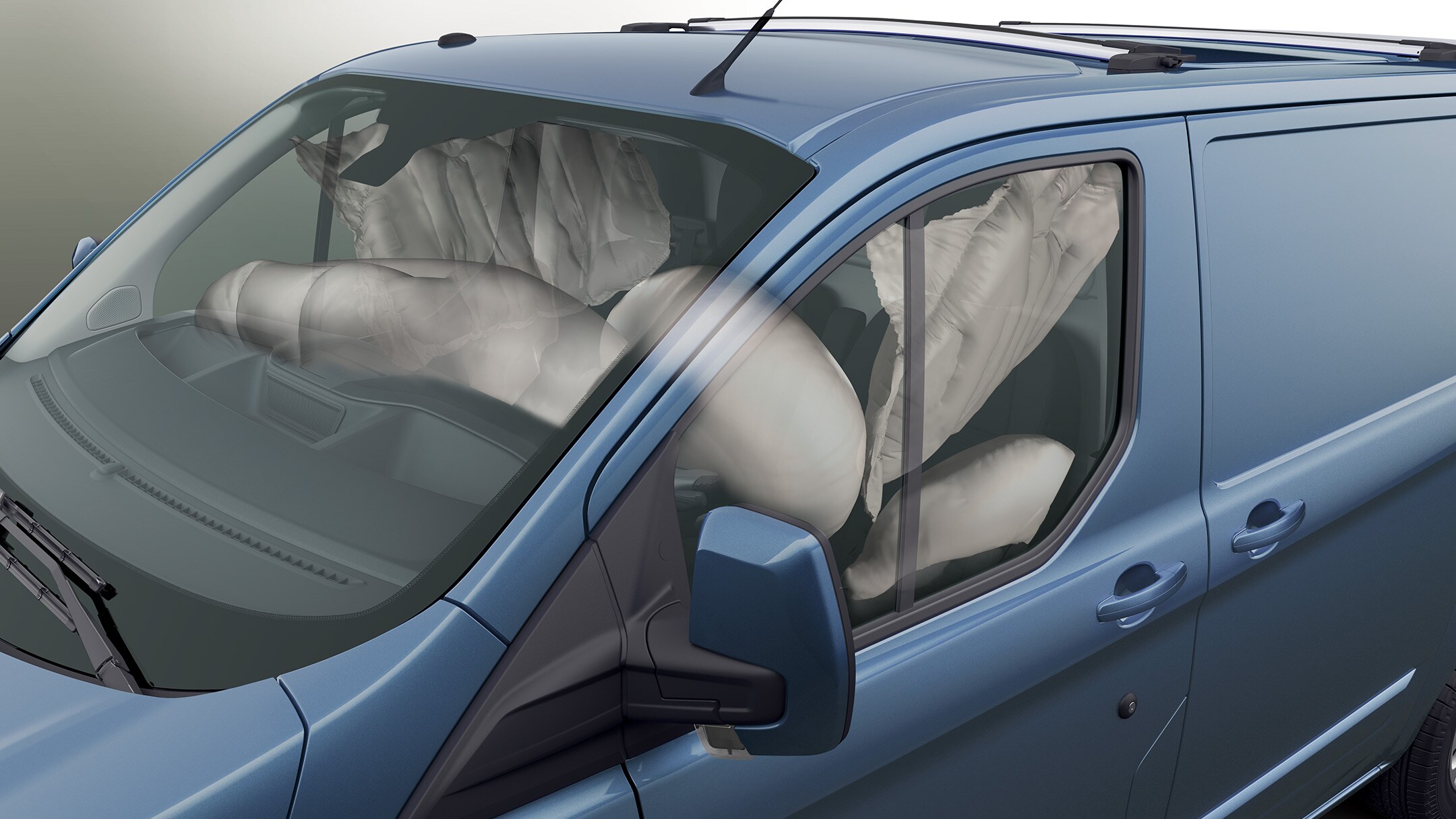 Ford Transit Custom in Blau. Ausschnitt Airbags im Detail