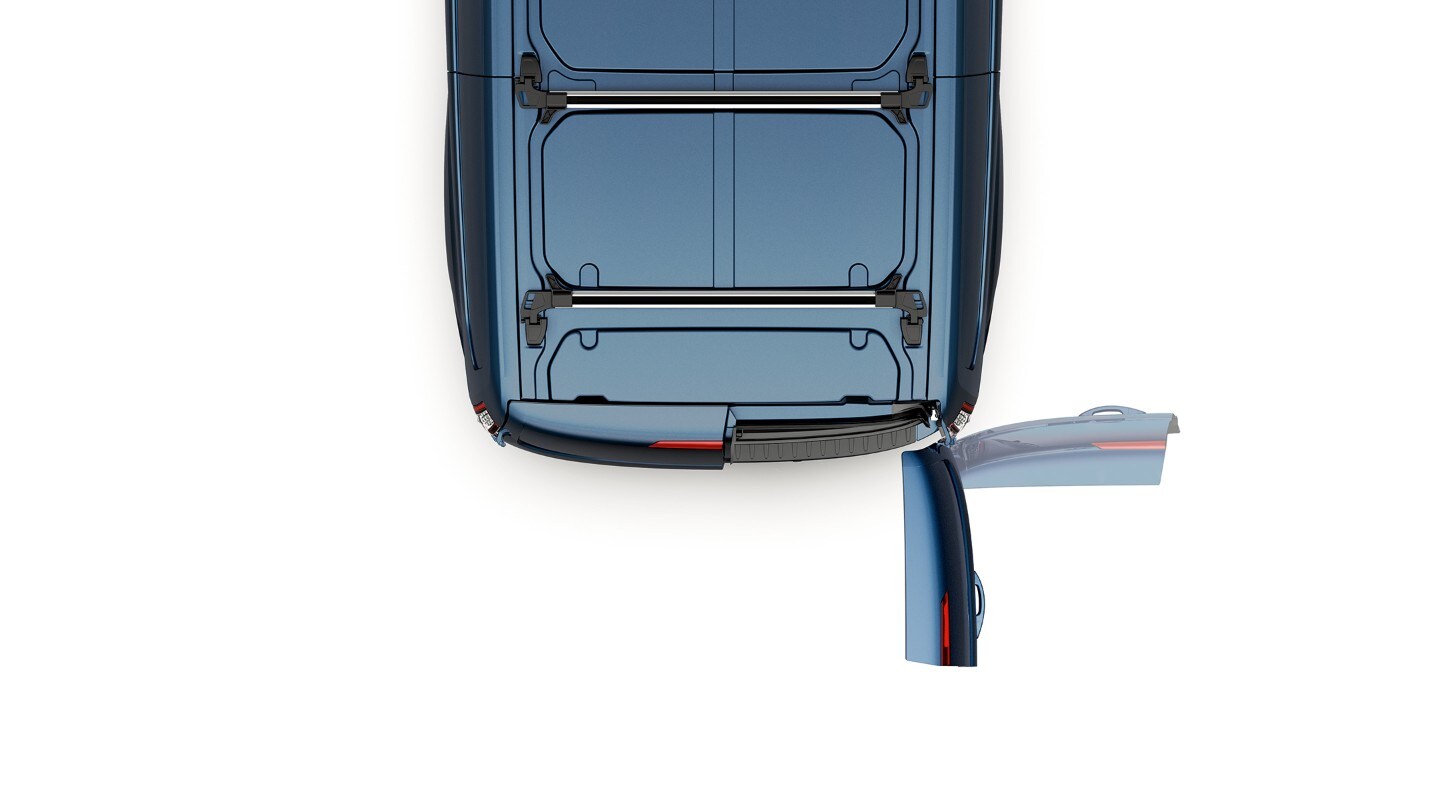 Ford Transit Custom Kastenwagen in Blau. Ansicht von oben, Illustration Hecktüren mit 90-Grad-Winkel