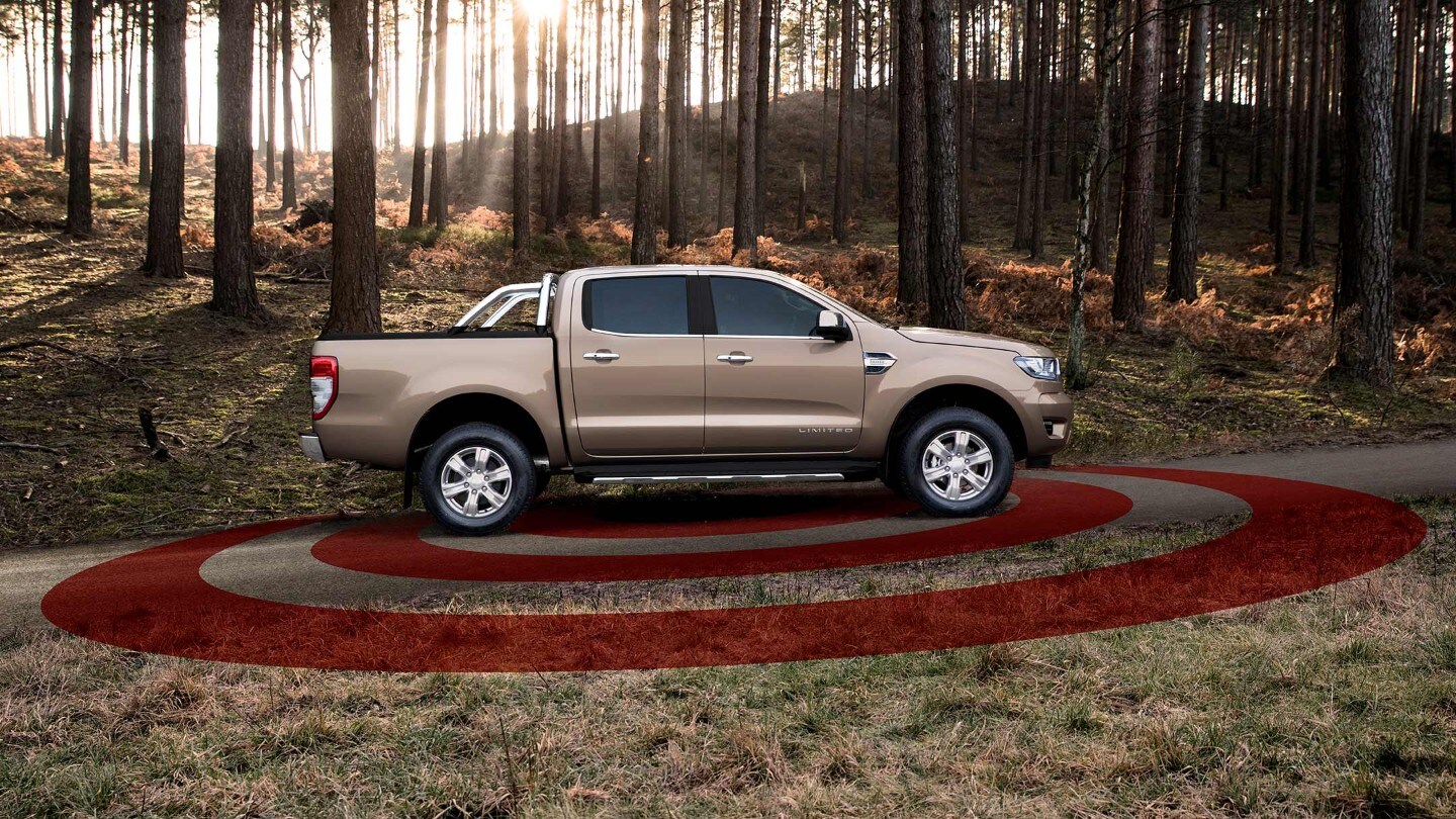 Ford Ranger in Silber. Seitenansicht, Illustration Diebstahl-Alarmanlage