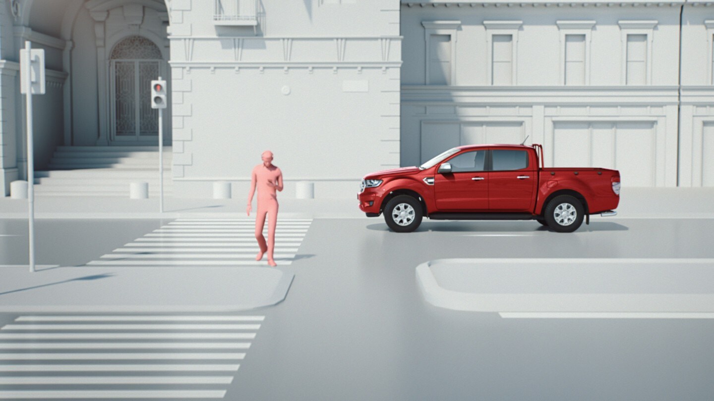Ford Ranger in Rot. Seitenansicht, Illustration Pre-Collision-Assist