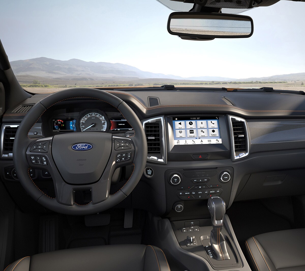 Ford Ranger Innenraum. Detailansicht der Fahrerkabine mit Multifunktionsdisplay