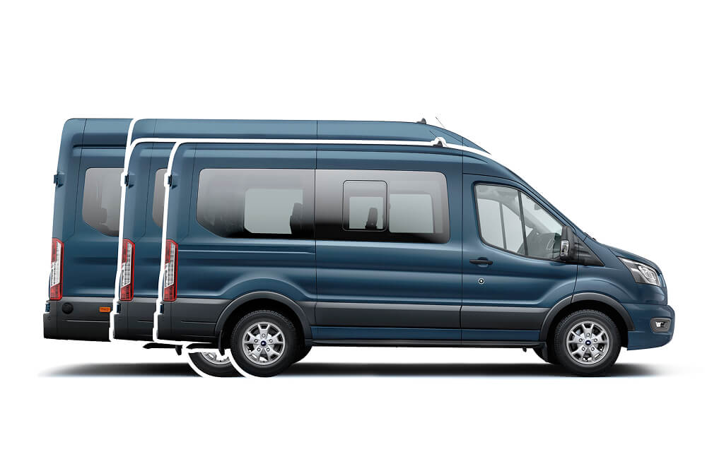 Ford Transit Bus in Blau. Seitenansicht, stehend vor einem weißen Hintergrund. Illustration der verschiedenen Größen.