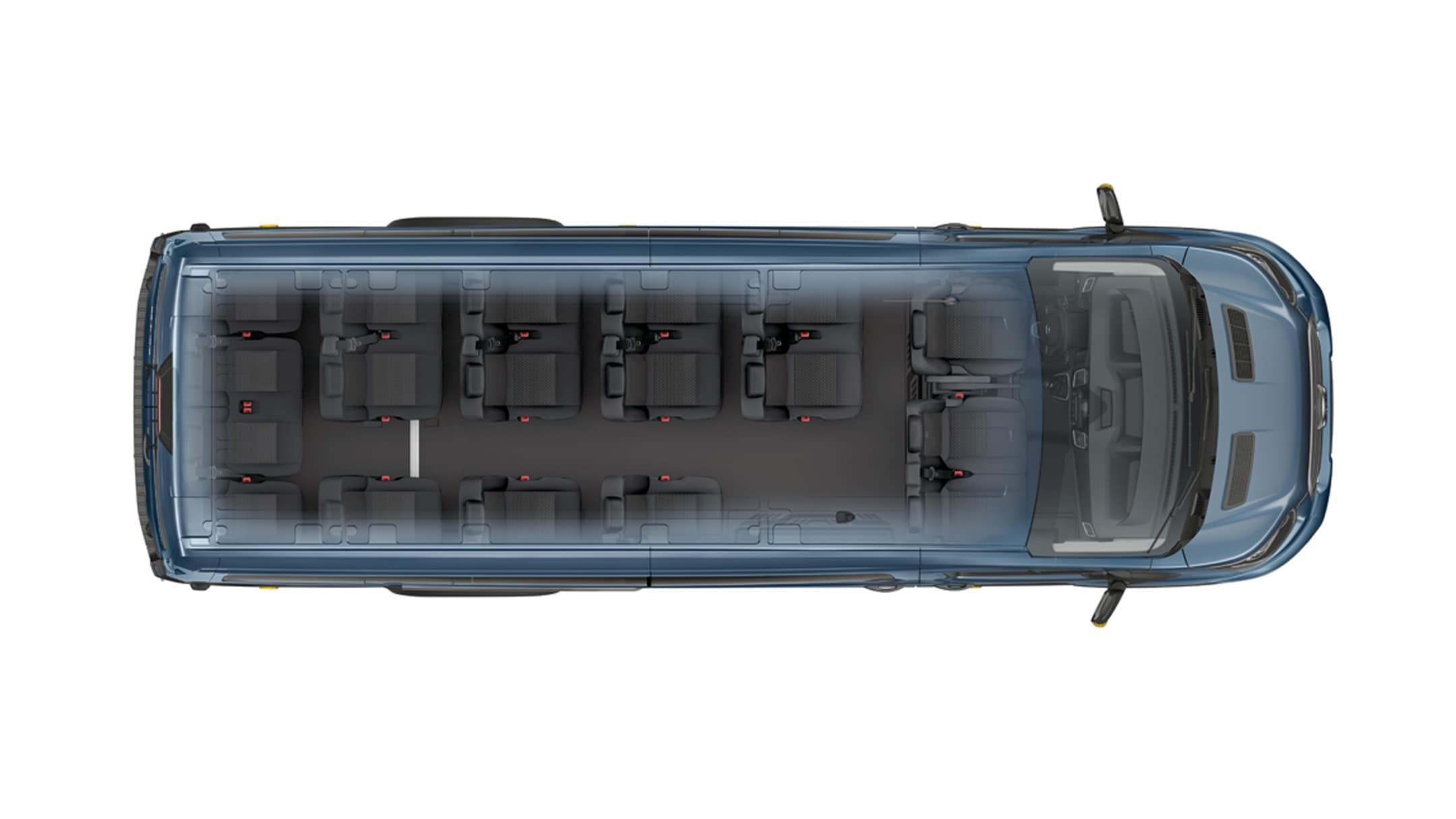 Ford Transit Bus in Blau. Illustration der Sitzanordnung