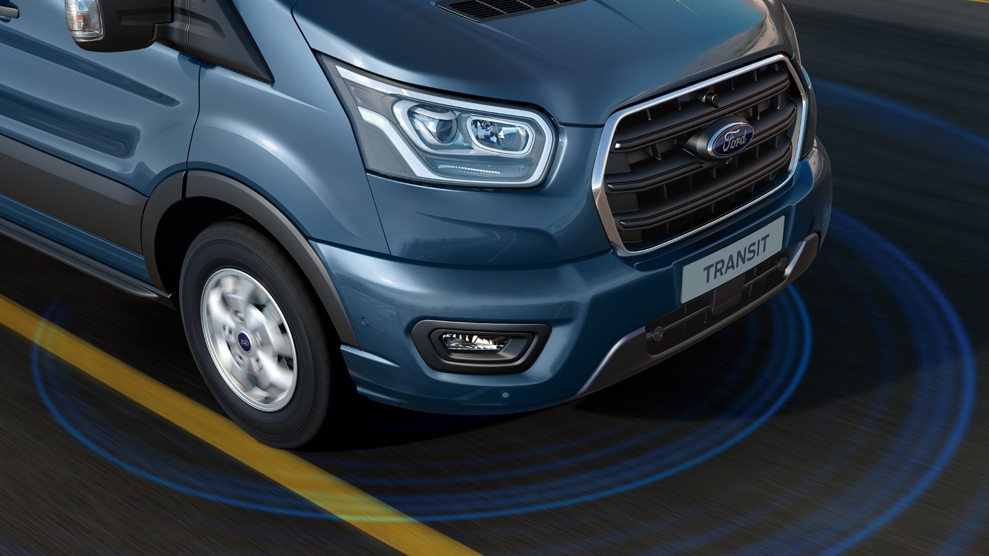 Ford Transit in Blau. Dreiviertelansicht von vorne, Illustration des Fahrspur-Assistent