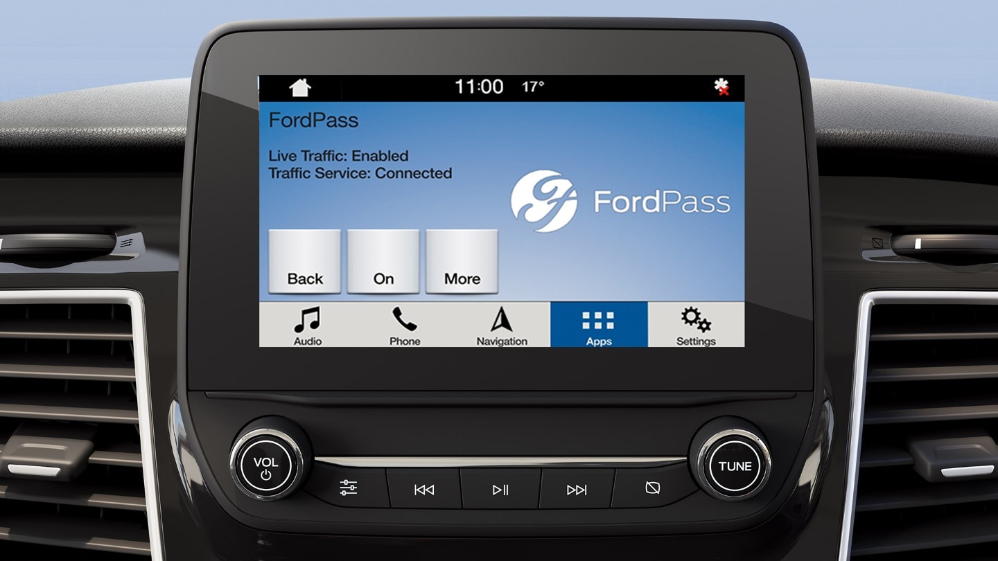 Ford Transit Fahrgestell Innenraum. Detailansicht des Multifunktionsdisplays und FordPass