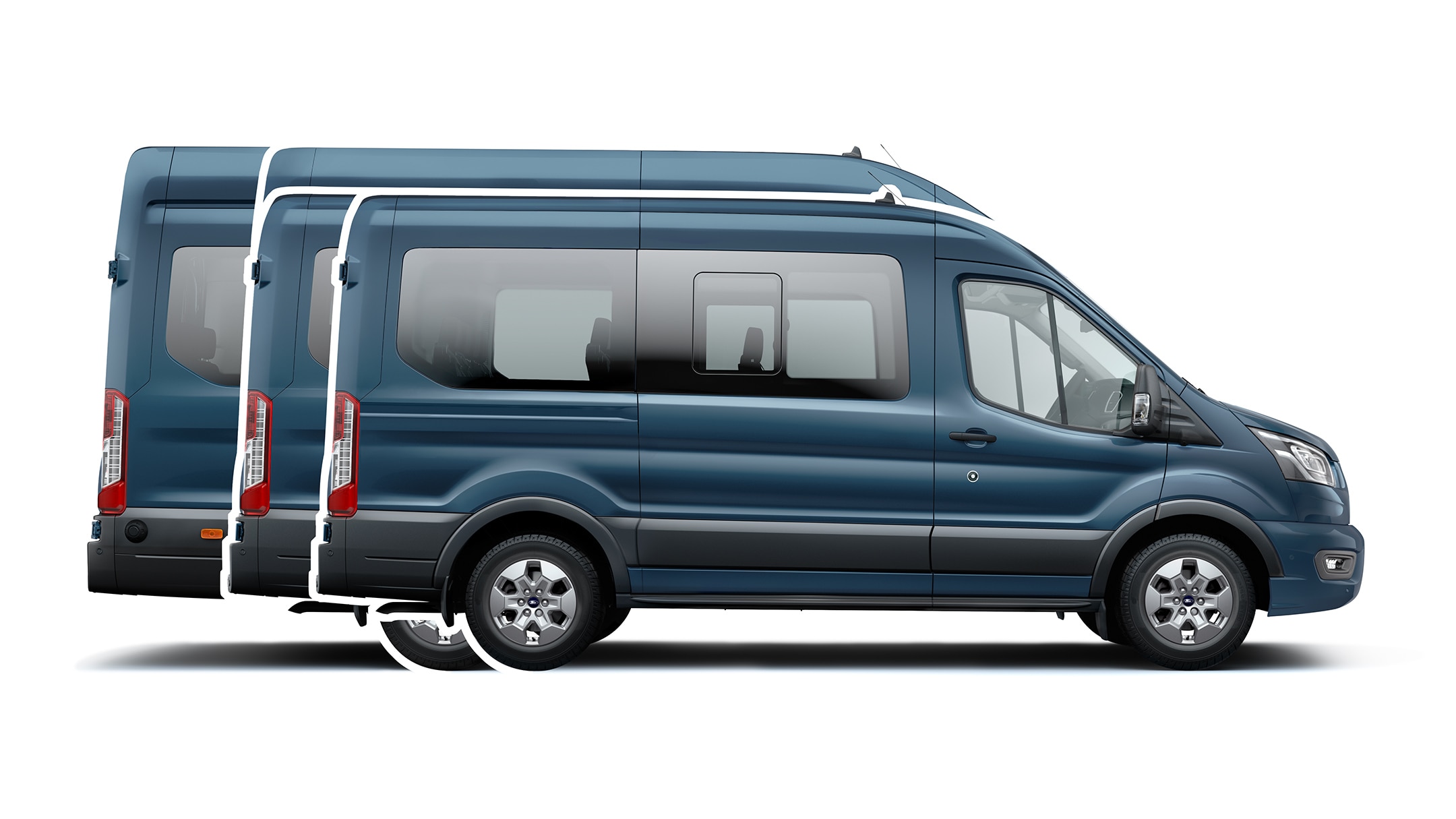 Ford Transit Bus in Blau. Seitenansicht, stehend vor einem weißen Hintergrund. Illustration der verschiedenen Größen.