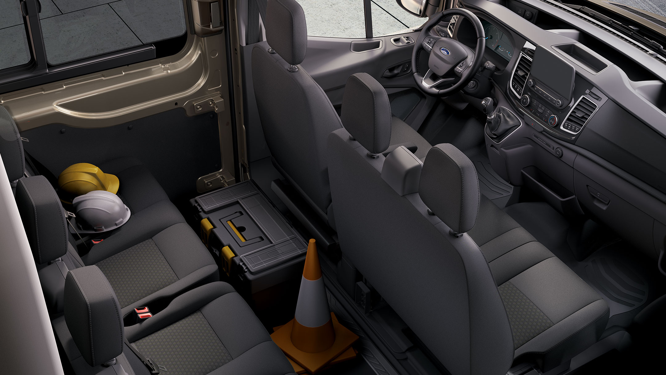 Ford Transit Doppelkabine Innenraum. Detailansicht der Sitzreihen von oben