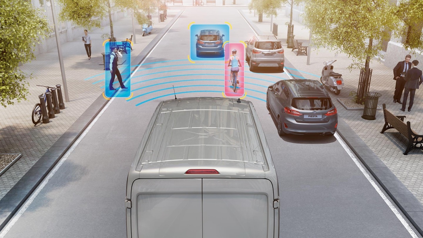 Ford Transit Bus in Silber. Illustration Pre-Collision-Assist