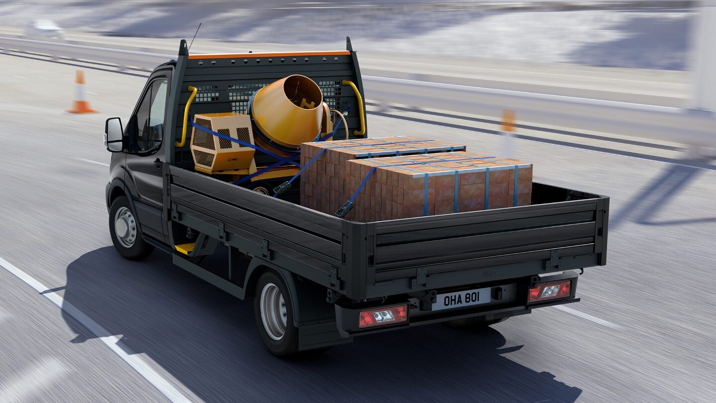 Ford Transit Bus in Schwarz. Illustration dreiviertelansicht vom Heck, Baustelle Belieferung.
