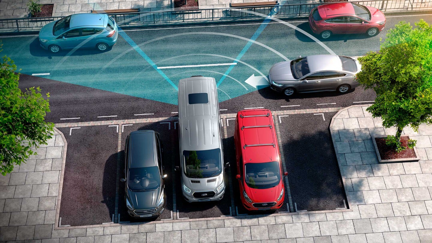 Ford Transit Bus in Blau. Illustration Cross Traffic Alert.