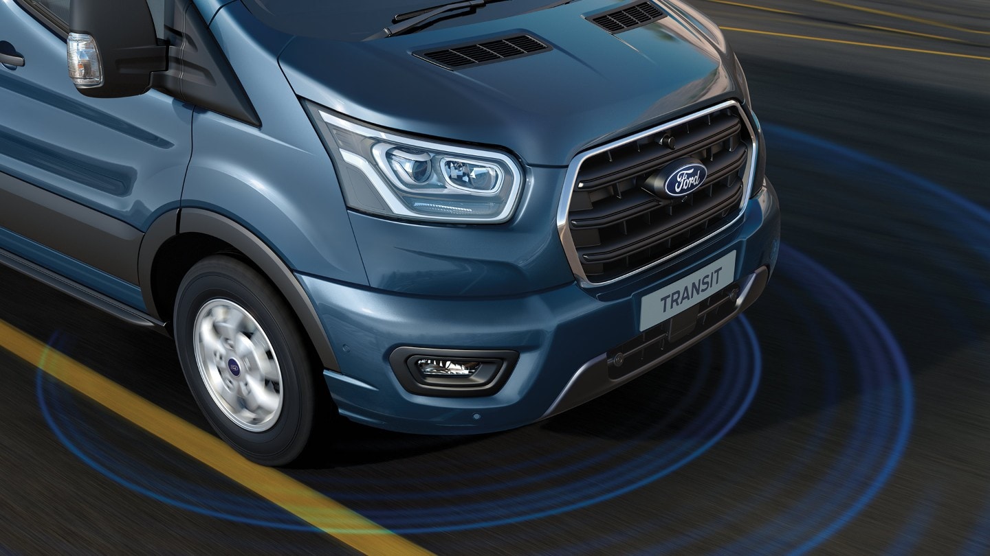 Ford Transit in Blau. Dreiviertelansicht von vorne, Illustration des Fahrspur-Assistent.
