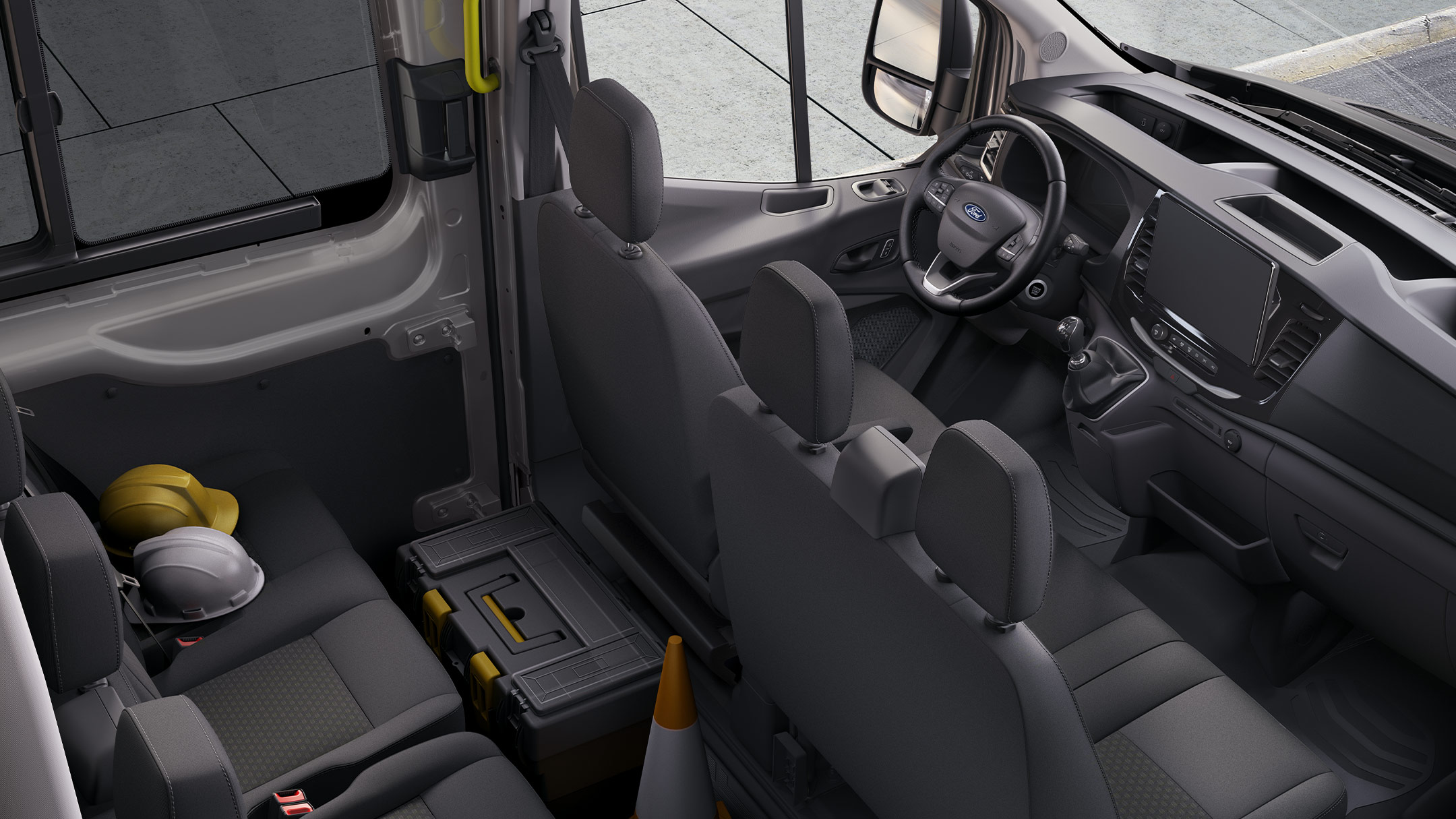 Ford Transit Innenraum. Detailansicht der Sitzreihen von oben.