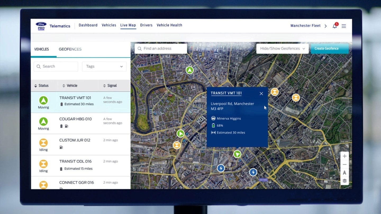 Ansicht eines Computerbildschirms mit geöffneter Ford Pro Telematics Live-Karte