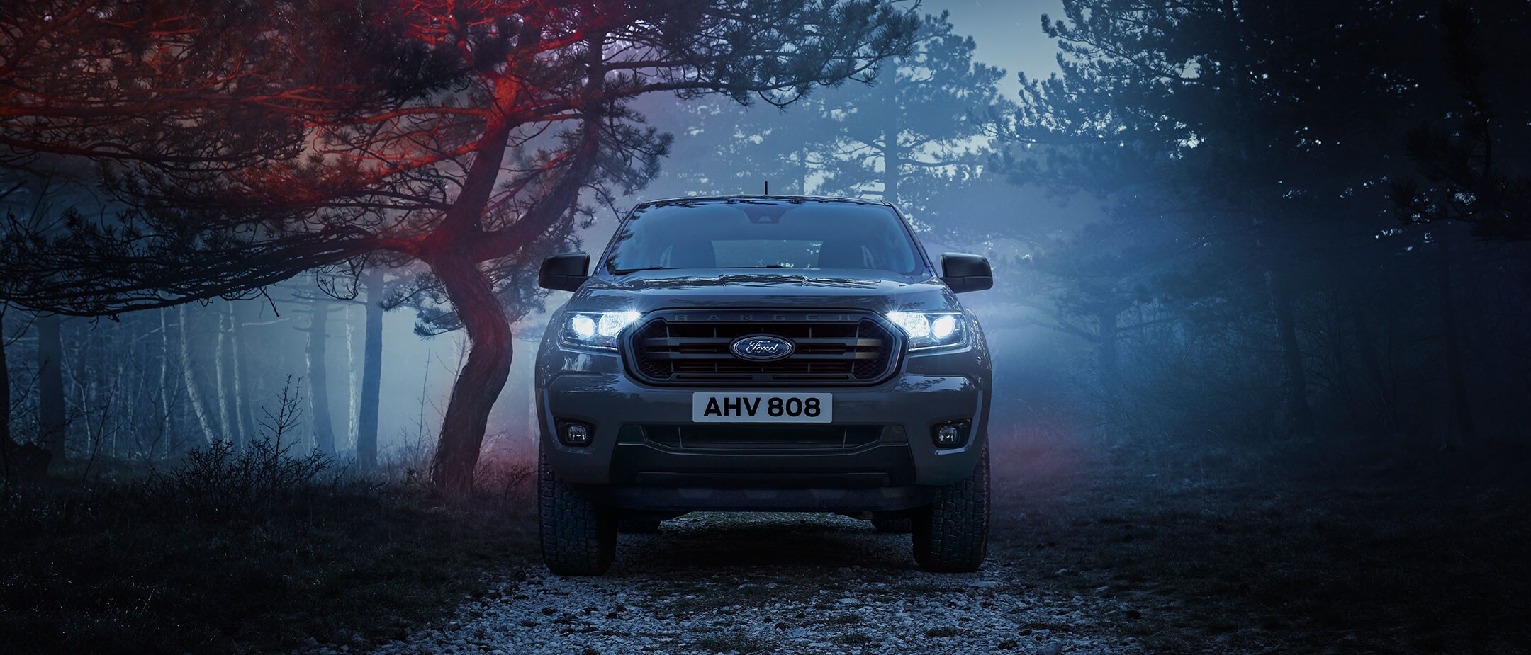 Ford Ranger Wolftrak in Grau. Frontansicht, parkend auf einem Waldweg bei Dämmerung und Nebel