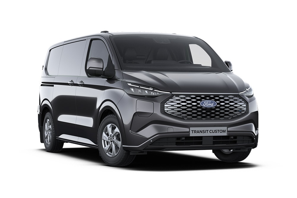 Ford Transit Custom Limited in Schwarz. Dreiviertelansicht, vor einem weißen Hintergrund.