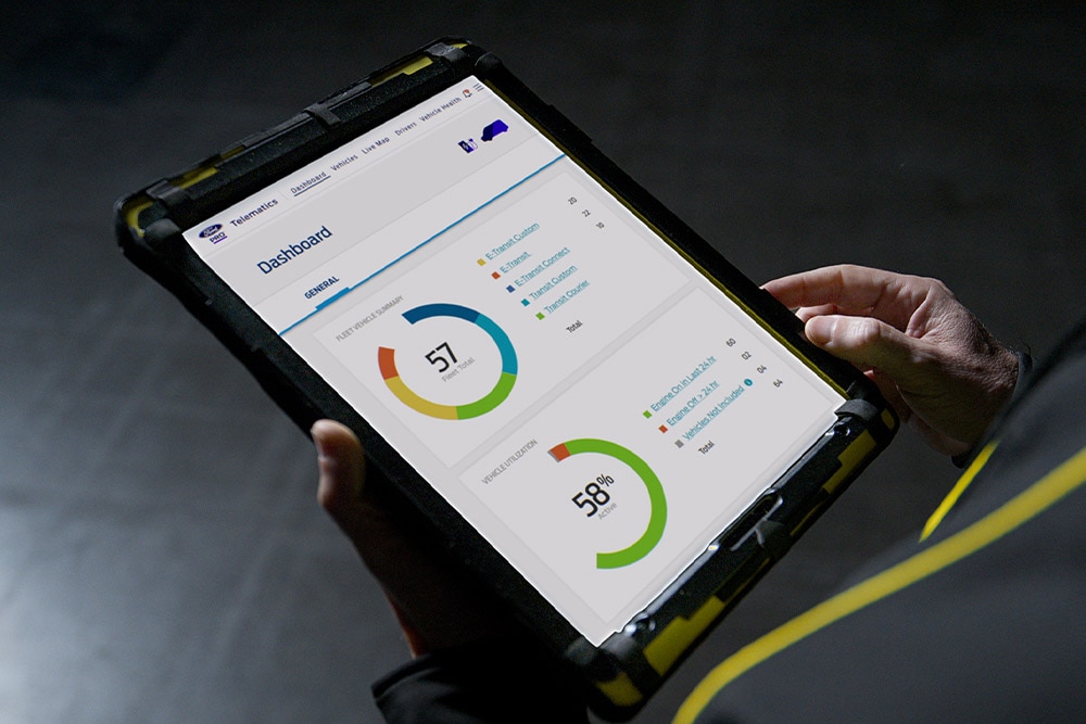 Person hält ein Tablet mit geöffnetem Ford Pro™ Dashboard.