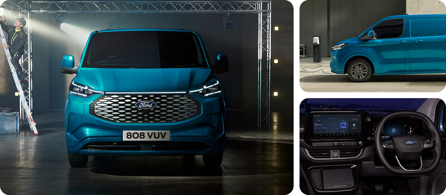 Ford E-Transit Custom in Blau, stehend in einer Lagerhalle in Front- und Seitenansicht und darunter ein Bild vom Innenraum.