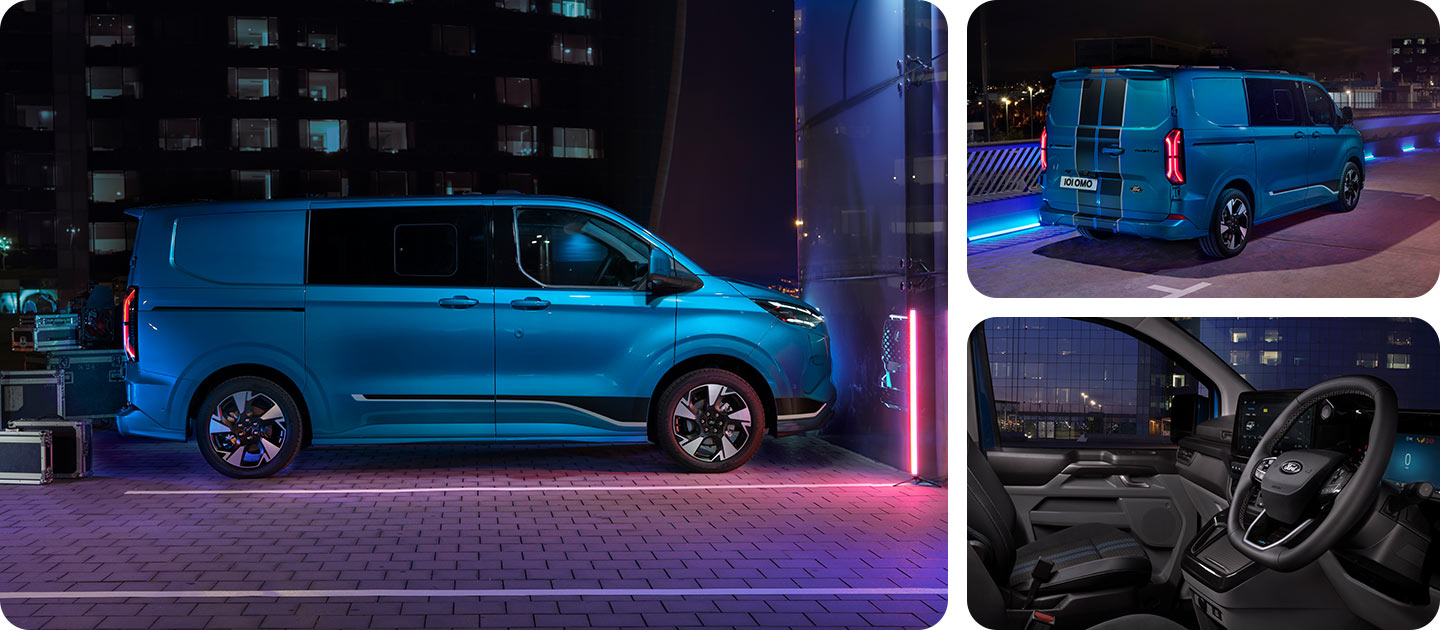 Ford E-Transit Custom Kastenwagen Doppelkabine in Blau aus verschiedenen Blickwinkeln auf einem Parkplatz bei Nacht - inklusive Innenraumansicht.
