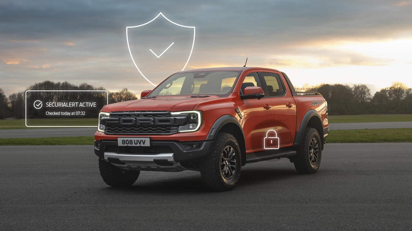 Ford Ranger Raptor in Rot. Visualisierung von Ford Secure.