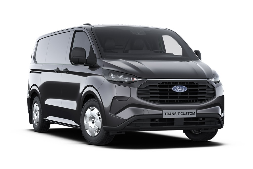 Ford Transit Custom Trend in Schwarz. Dreiviertelansicht, vor einem weißen Hintergrund.