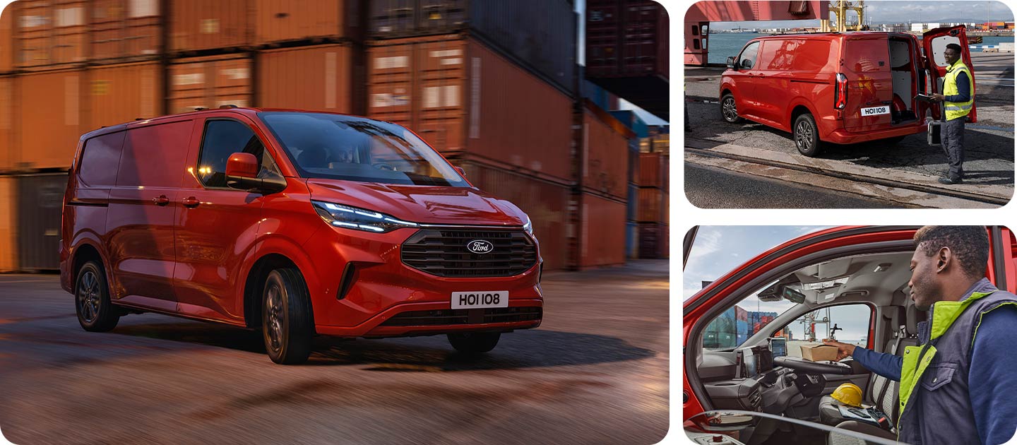 Ford Transit Custom in Rot, der an Containern vorbeifährt. Daneben die Heckansicht eines Ford Transit Custom in Rot mit geöffneter Hecktür und darunter das neigbare Lenkrad.