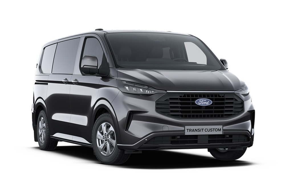 Ford Transit Custom Limited in Schwarz. Dreiviertelansicht, vor einem weißen Hintergrund.