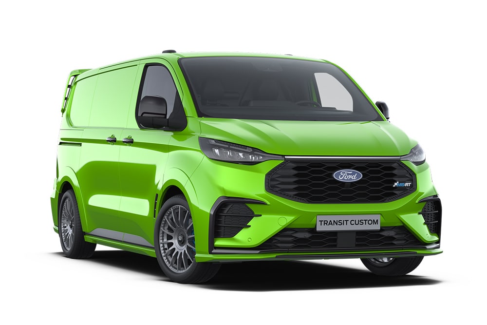 Ford Transit Custom MS-RT Kastenwagen in Grün. Dreiviertelansicht, vor einem weißen Hintergrund.