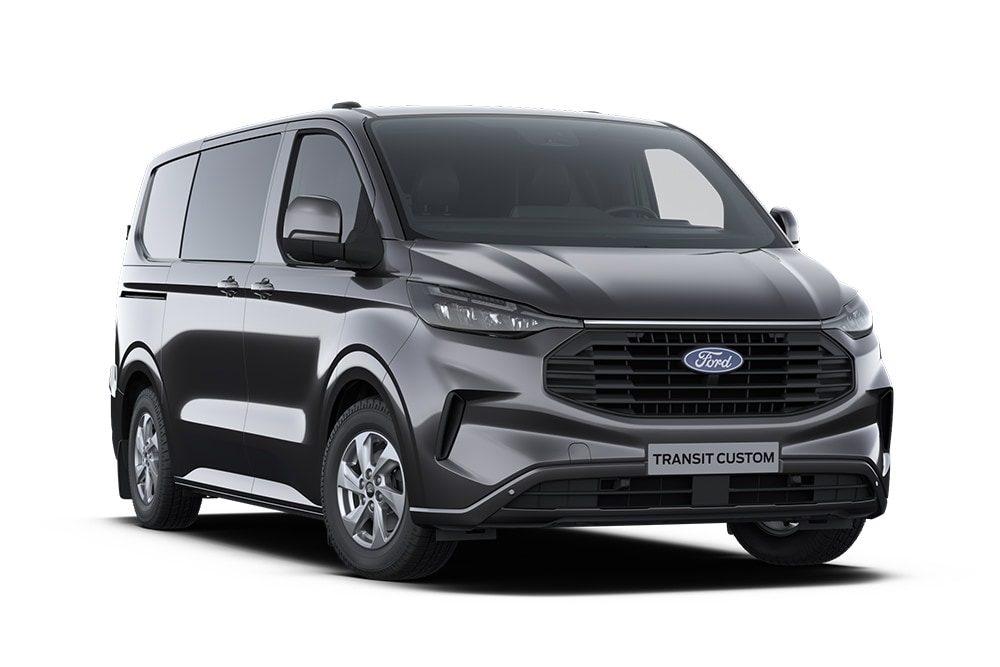 Ford Transit Custom Limited in Schwarz. Dreiviertelansicht, vor einem weißen Hintergrund.