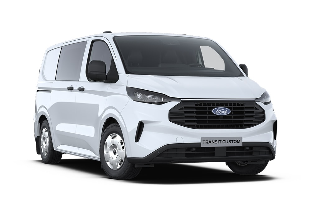 Ford Transit Custom MultiCab in Weiß. Dreiviertelansicht, vor einem weißen Hintergrund.