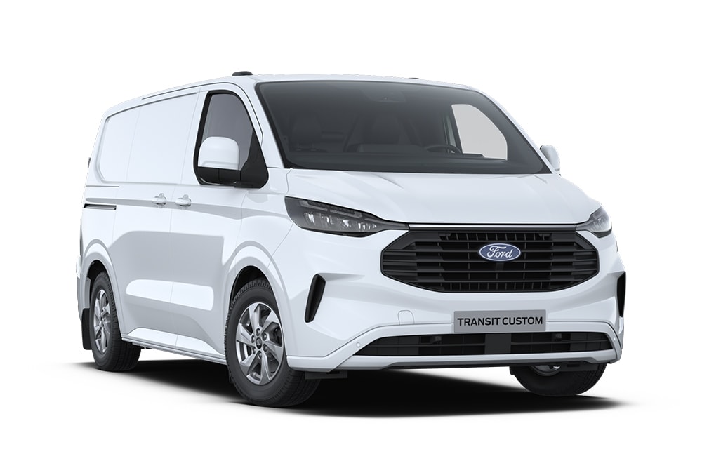Ford Transit Custom Kastenwagen in Weiß. Dreiviertelansicht, vor einem weißen Hintergrund. 