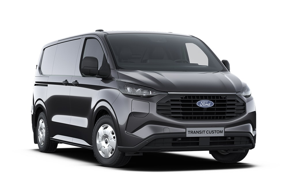 Ford Transit Custom Trend in Schwarz. Dreiviertelansicht, vor einem weißen Hintergrund.