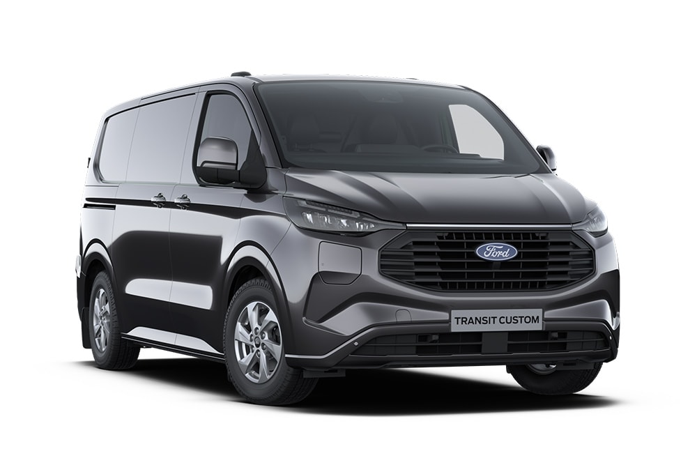Ford Transit Custom Limited in Schwarz. Dreiviertelansicht, vor einem weißen Hintergrund.