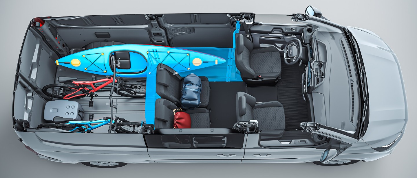 Ford Transit Custom Multicab in Grau. Ansicht von oben, Veranschaulichung des Laderaums.