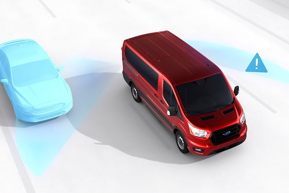 Illustration eines Ford Fahrzeugs, das den Toter-Winkel-Assistent mit Sicherheitswarnsymbolen darstellt.
