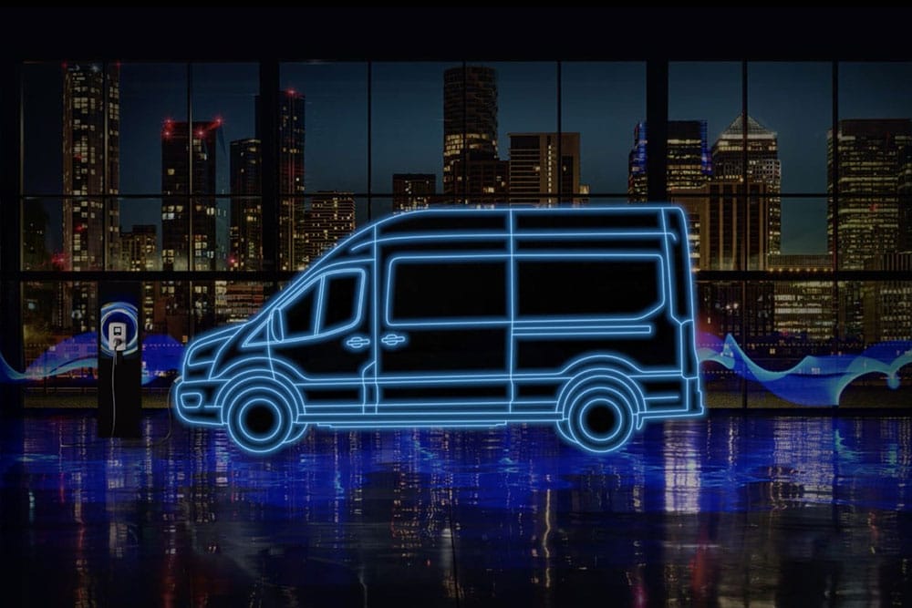 Ford E-Transit Kastenwagen. Illustration der Seitenansicht.
