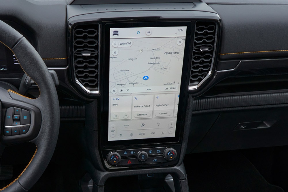 Nahaufnahme des 12-Zoll- SYNC 4-Touchscreens im Ford Ranger.