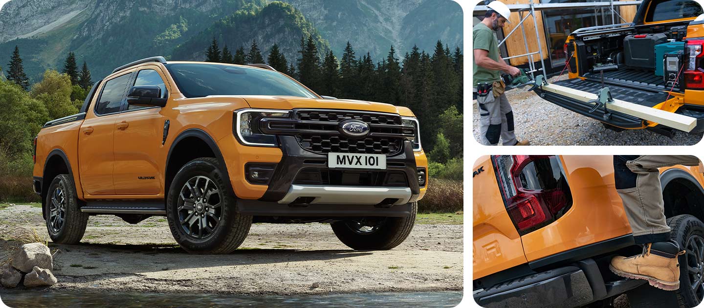Ford Ranger in Orange vor Berglandschaft, Detailansicht der Hecktrittstufe und der geöffneten Heckklappe.