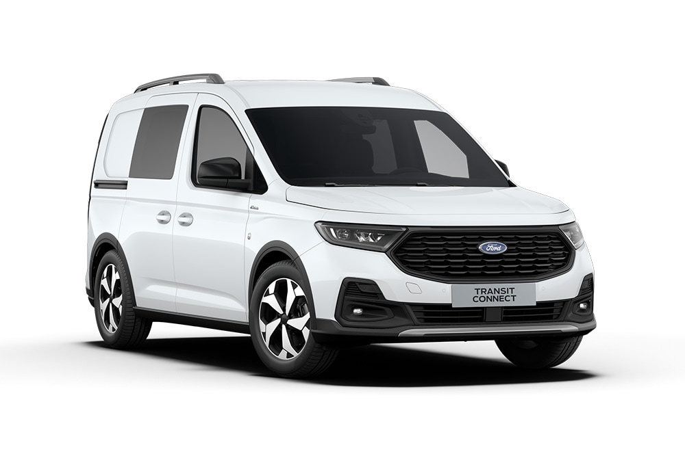 Ford Transit Connect Active FlexCab in Weiß. Dreiviertelansicht, steht vor einem weißen Hintergrund.