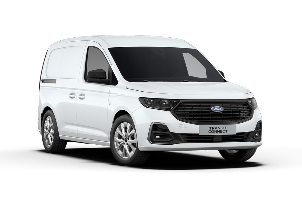 Ford Transit Connect Trend in Weiß. Dreiviertelansicht, steht vor einem weißen Hintergrund.